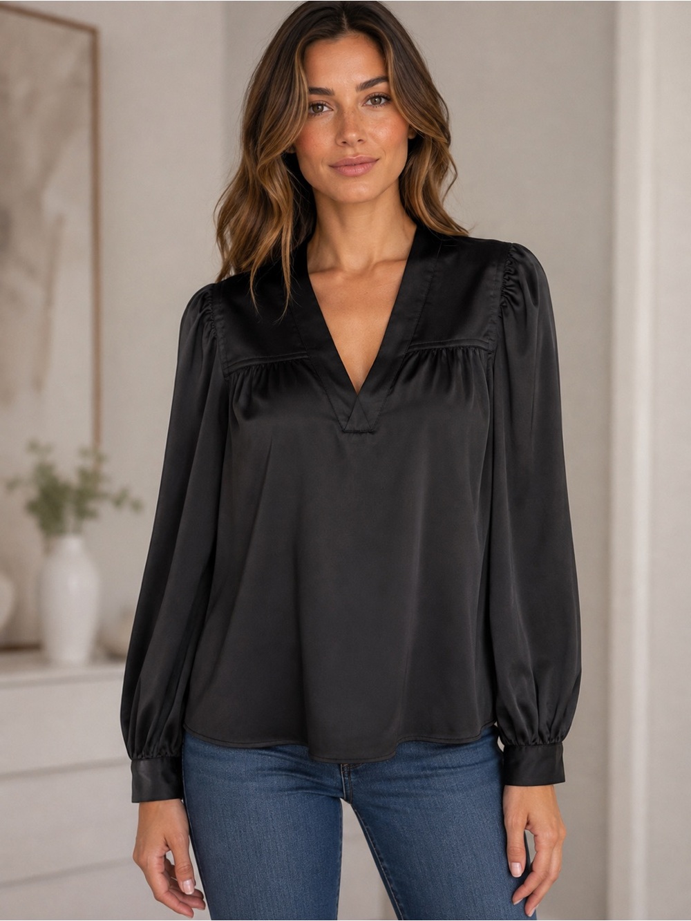 White House Black Market Satin Topstitch Blouse Black V-Neck Long Sleeve Sz S